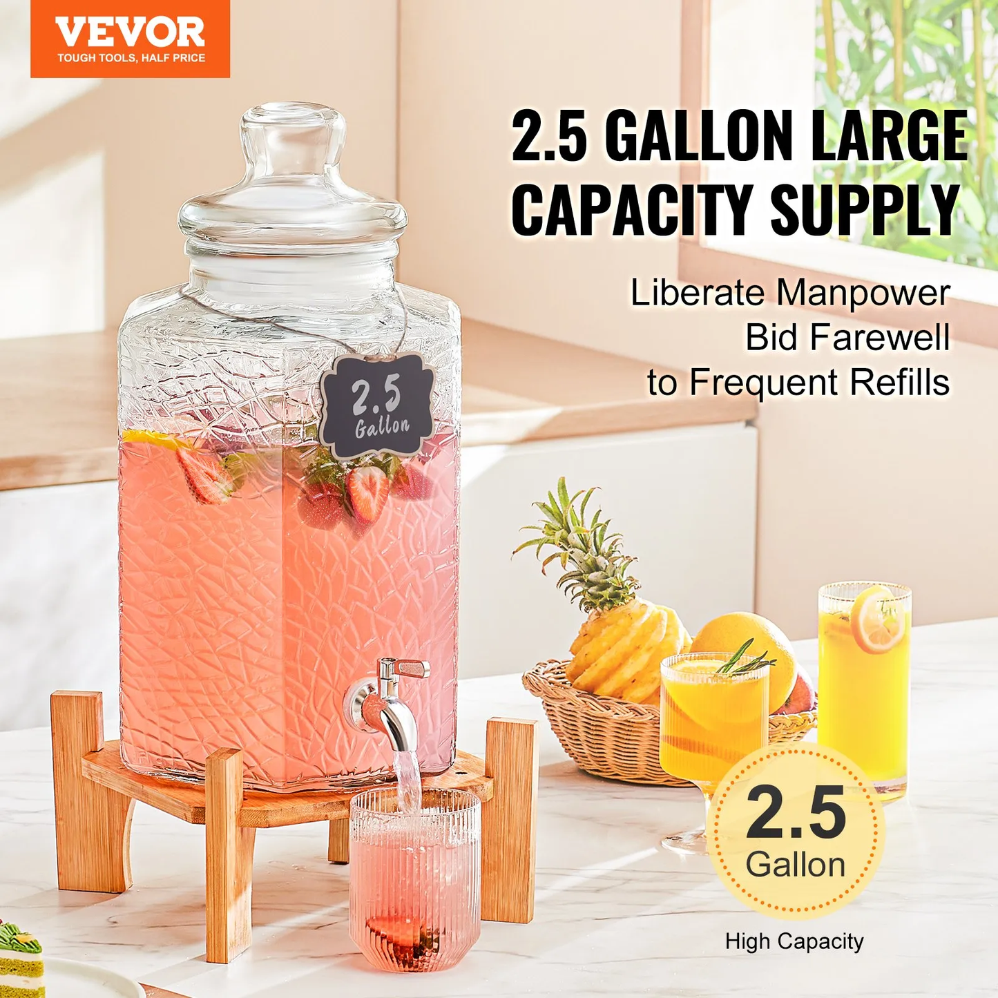 VEVOR Beverage Dispenser, 2.5 Gallon Drink Dispensers for Parties, Glass Juice Dispenser with Stand,-$40
