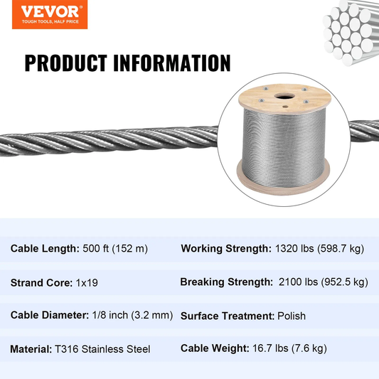 VEVOR 316 Stainless Steel Cable 1/8" 1x19 Steel Cable Wire Rope 150M/500FT Cable Railing,-$60