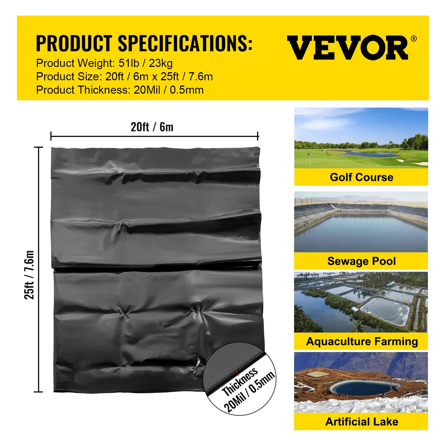VEVOR LLDPE Pond Liner 20x25 ft, Pond Liner 20 Mil, Fish Pond Liners for Waterfall, Pond and Fish Ponds,-$105