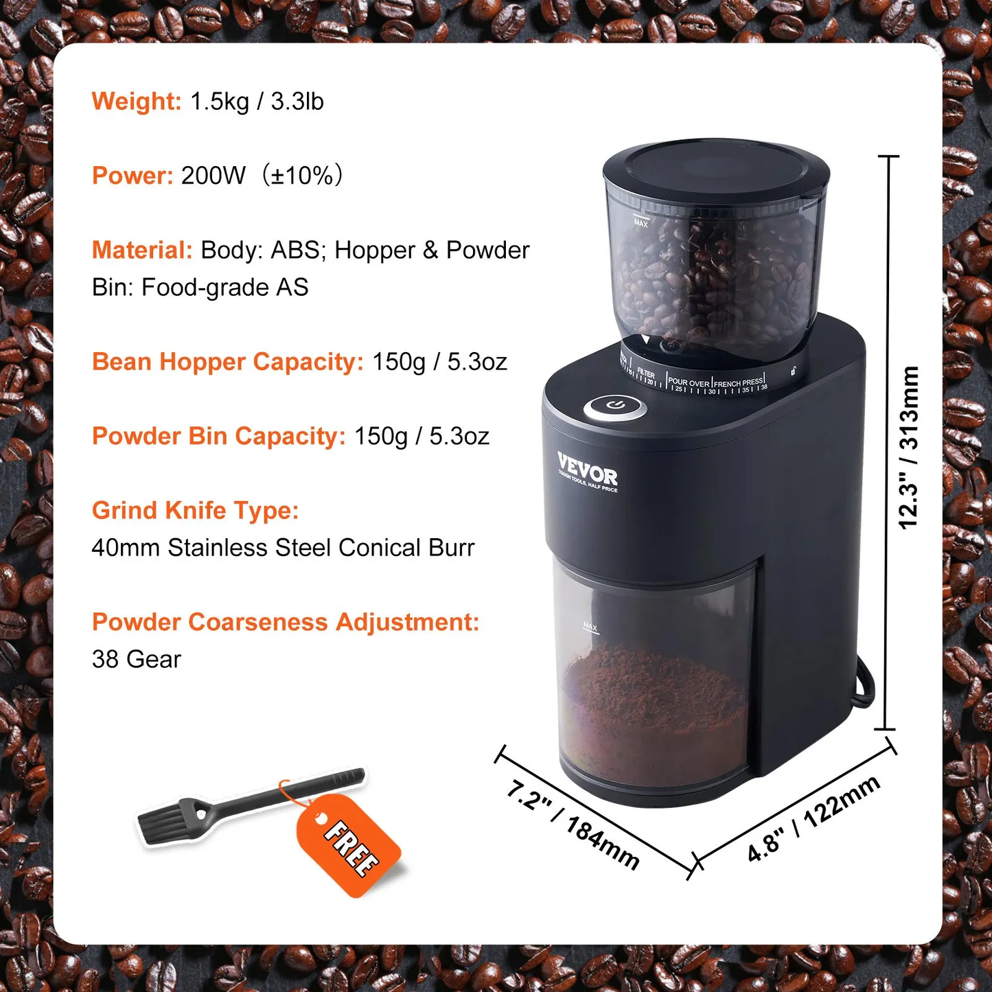 VEVOR Conical Burr Grinder, Electric Adjustable Burr Mill with 35 Precise Grind Setting, 5.3-Ounce 20 Cups,-$40
