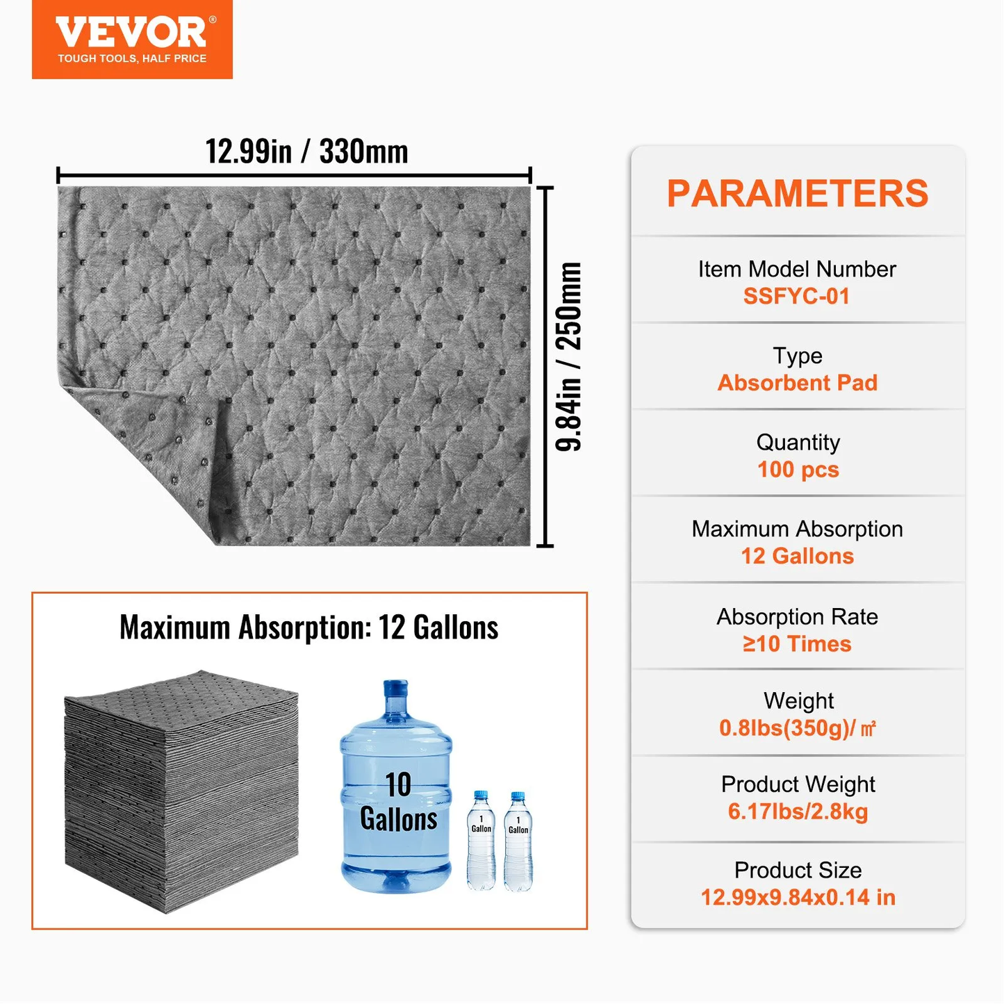 VEVOR Spill Absorbent Pads, Universal Absorbing Mat Absorbs up 12 Gal, 13" L x10" W,-$40