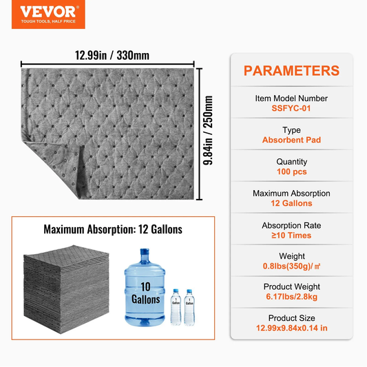 VEVOR Spill Absorbent Pads, Universal Absorbing Mat Absorbs up 12 Gal, 13" L x10" W,-$40