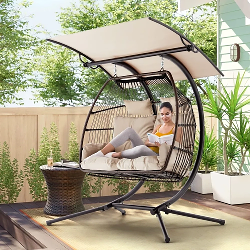 BNIB-Erommy 44'' x 67'' Outdoor Swing Loveseat with Stand, Foldable Hanging Chair, Hammock Cushion