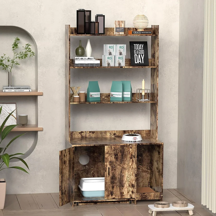 BNIB-Storage Cabinet w/Shelves, Hidden Litter Box Furniture w/2 Doors for Living Room
