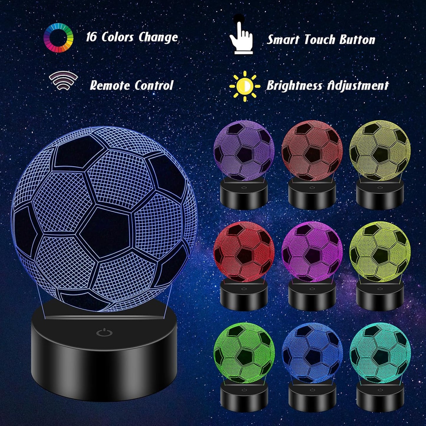 BNIB-Soccer Night Light for Kids, 3D Illusion Lamp with Remote Control with 16 Color Changing