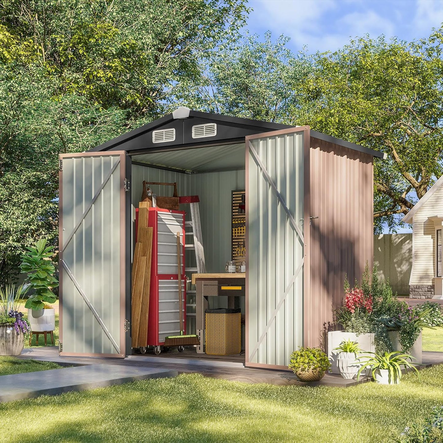 BNIB-6.2 x 4 ft Outdoor Storage Shed, Metal Garden Tool Shed with Lockable Door (Brown)