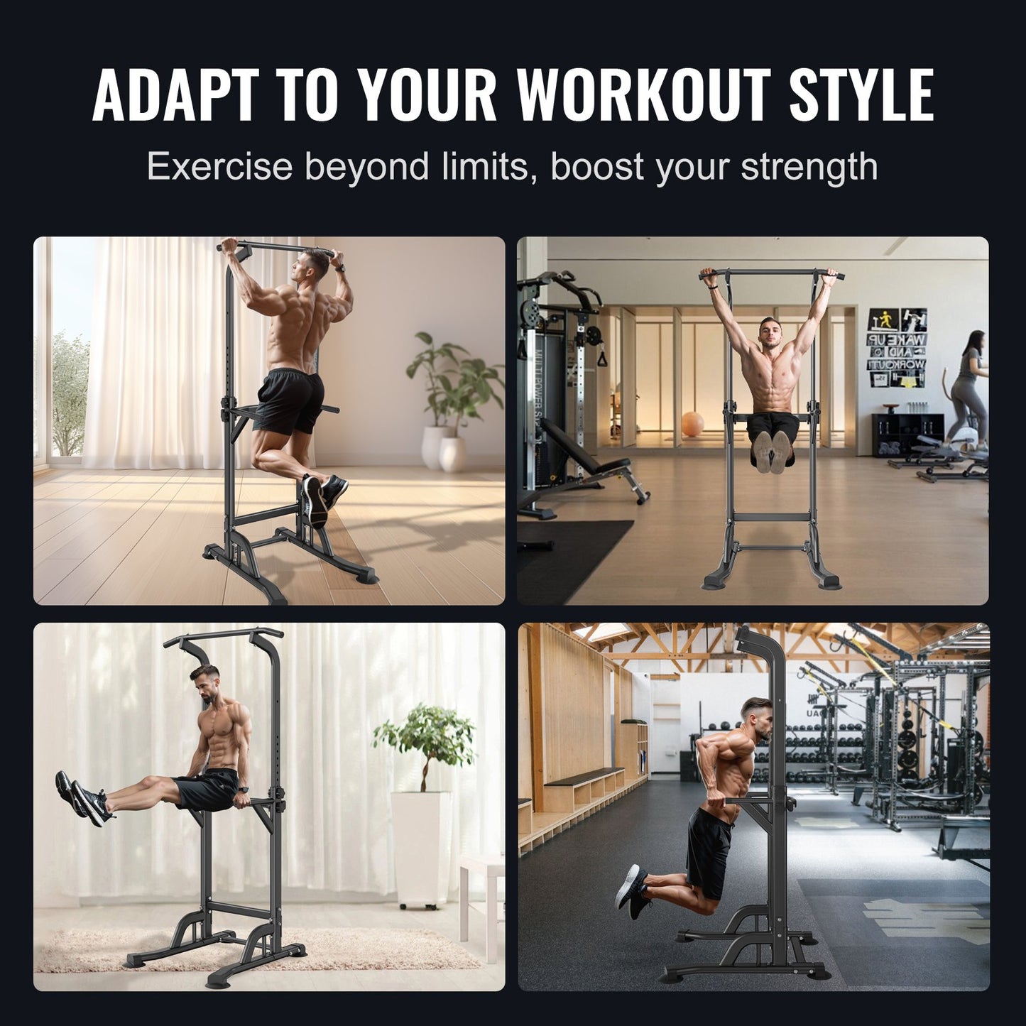 VEVOR Power Tower Dip Station, 10-Level Height Adjustable Pull Up Bar Stand, Multi-Function Strength Training,