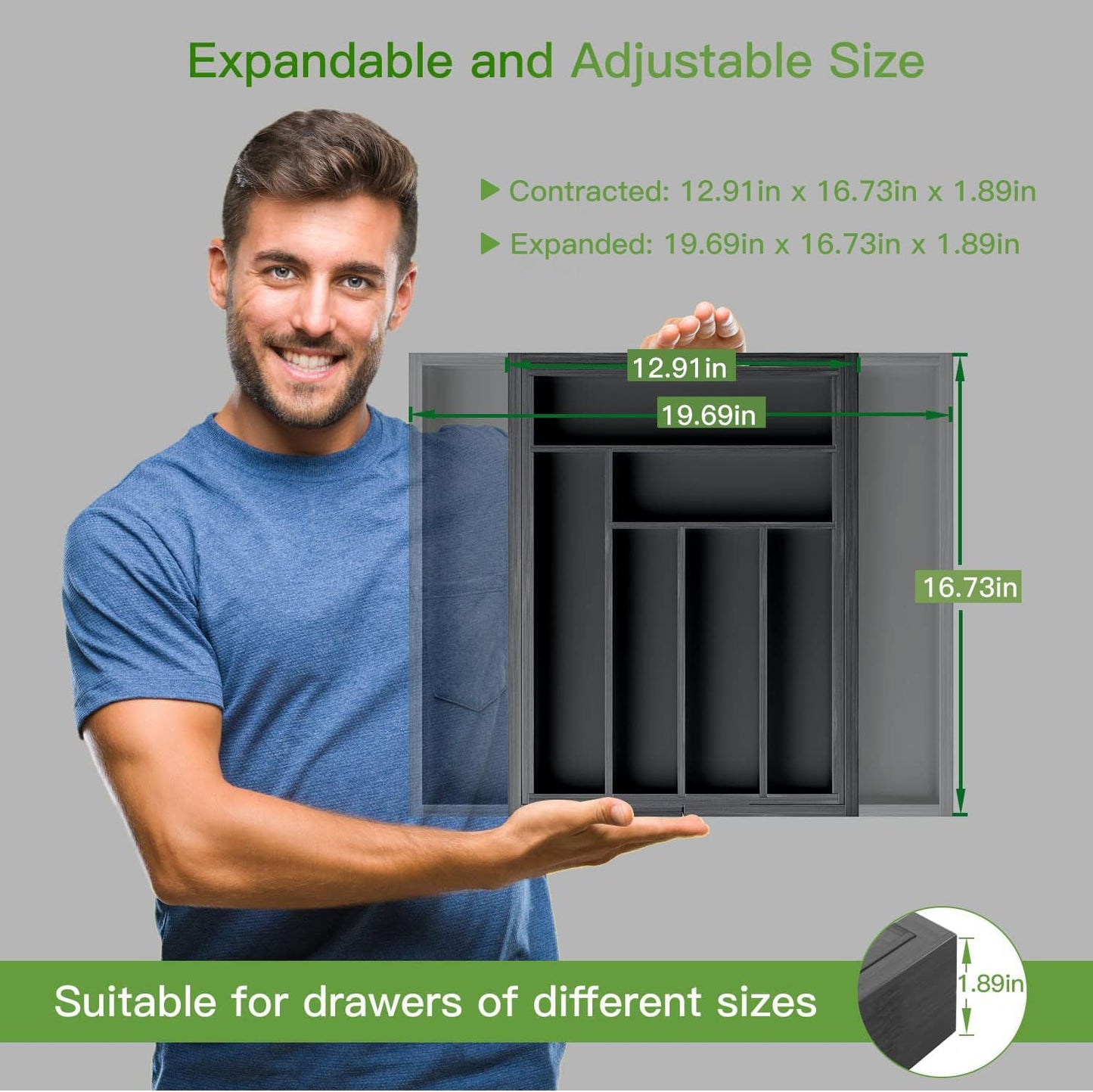 BNIB-Bamboo Expandable Drawer Organizer for Utensils Holder, Adjustable Cutlery Tray, (Black)-$20