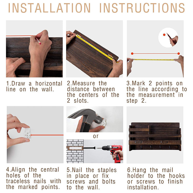 BNIB-Wall Mounted Mail Holder with 4 Key Hooks for Coat, Key Entryway Organizer,(Brown)