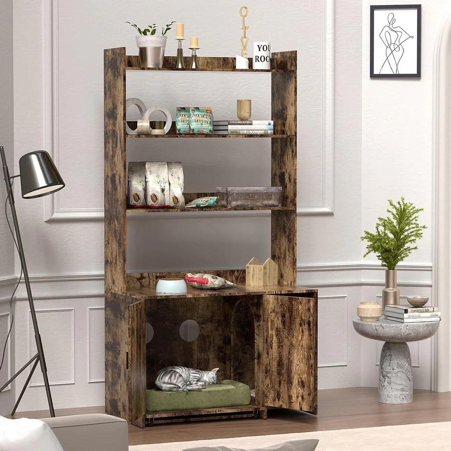 BNIB-Storage Cabinet w/Shelves, Hidden Litter Box Furniture w/2 Doors for Living Room