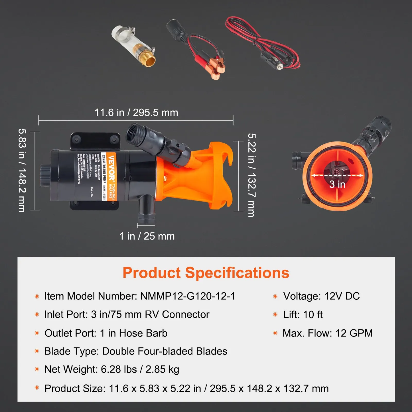 VEVOR RV Portable Macerator Pump, 12V, 12GMP Quick Release RV Waste Pump, RV Sewage Sewer Pump,-$60