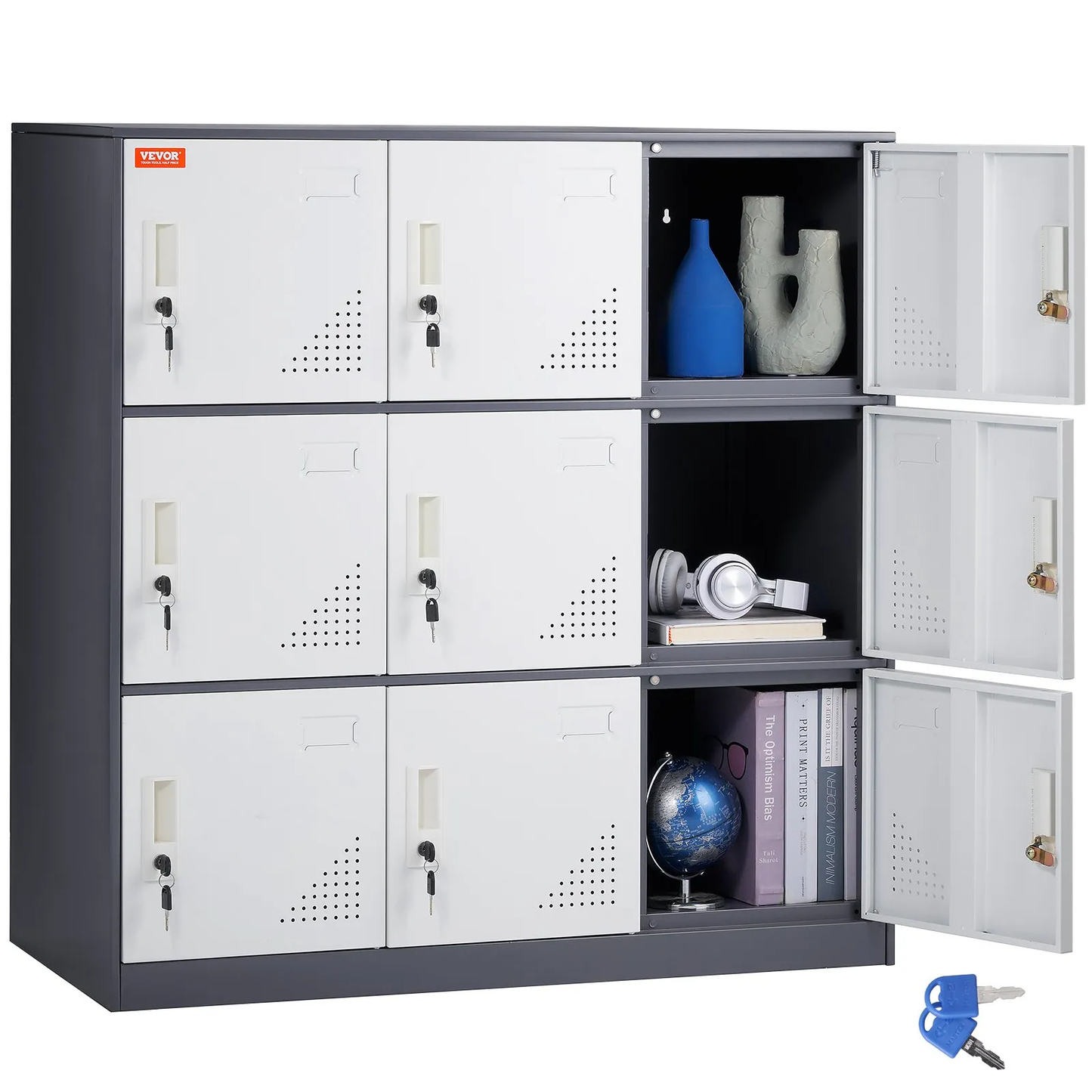 VEVOR Metal Locker for Employees, 9 Doors Storage Cabinet with Card Slot, Gray Steel Employee Lockers,-$160