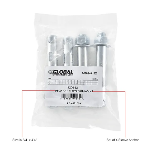 Brand New Global Industrial™ Hex Nut Sleeve Anchor, 3/4" x 4-1/4"