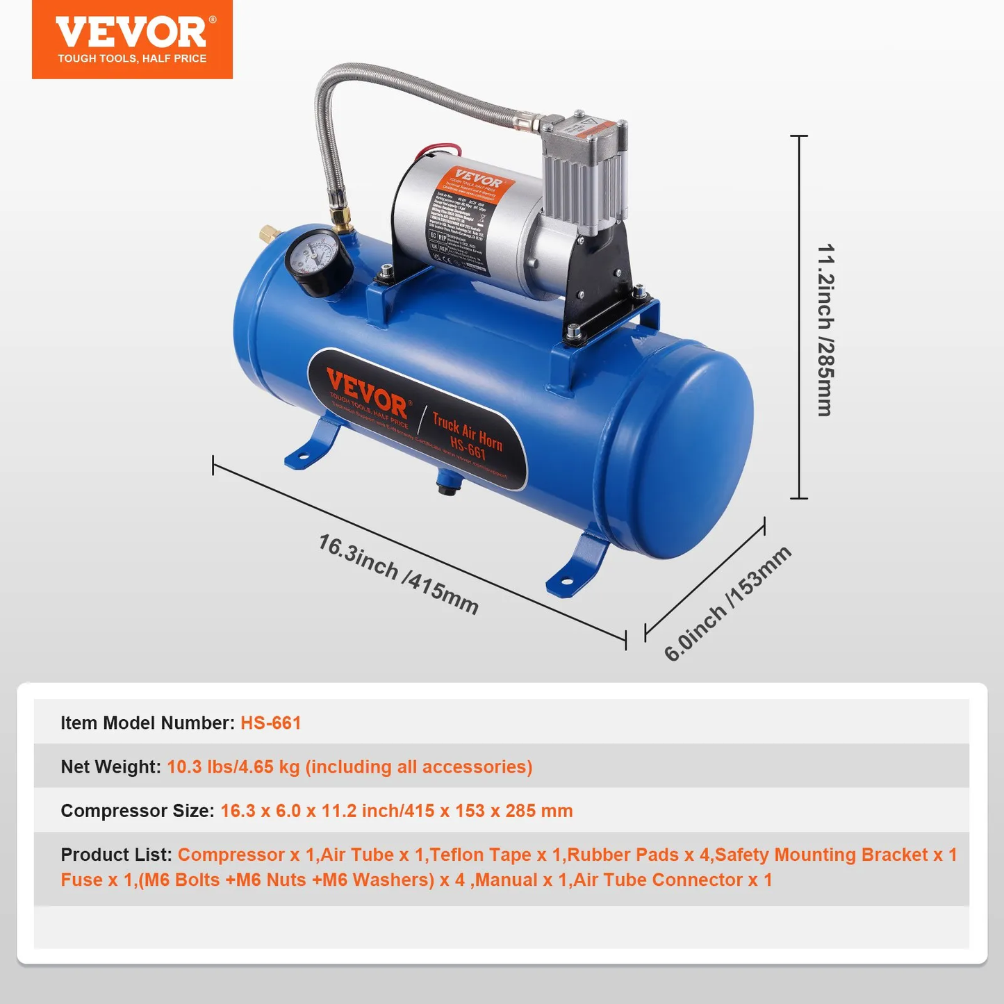 VEVOR 12V Air Compressor with Tank 1.6 Gallon/6 L, Train Horn Air Compressor, 120 psi Working Pressure,-$70