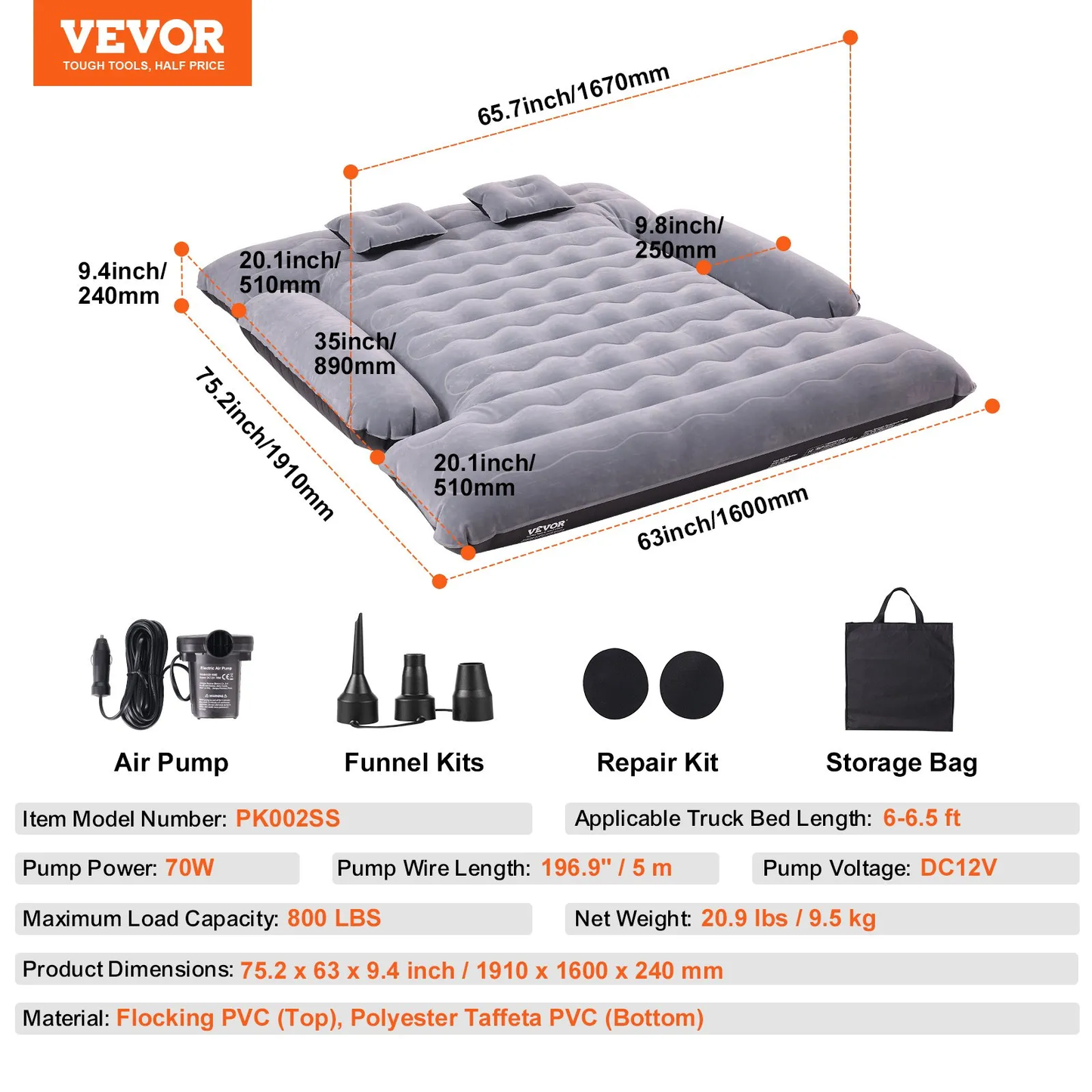 VEVOR Truck Bed Air Mattress, for 6-6.5 ft Full Size Truck Beds, Inflatable Air Mattress Camping Bed,-$80