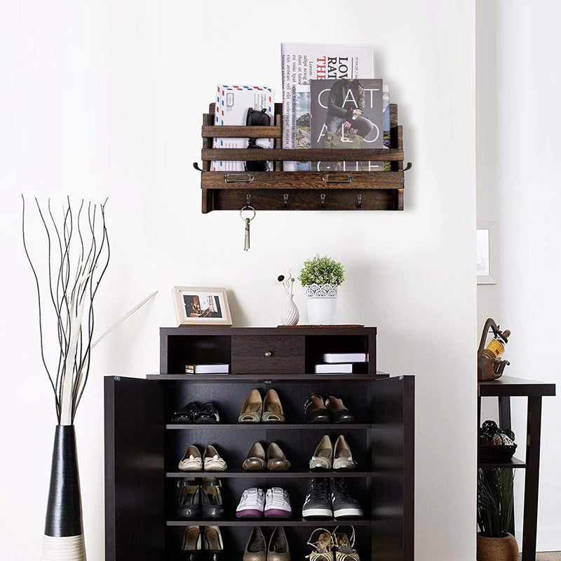 BNIB-Wall Mounted Mail Holder with 4 Key Hooks for Coat, Key Entryway Organizer,(Brown)