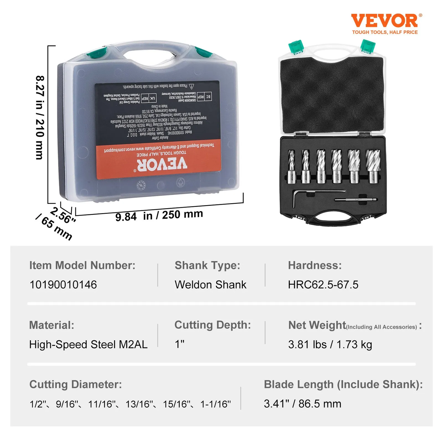 VEVOR Annular Cutter Set, 6 pcs Weldon Shank Mag Drill Bits, 1" Cutting Depth, 1/2" to 1-1/16" Cutting Diameter,-$85