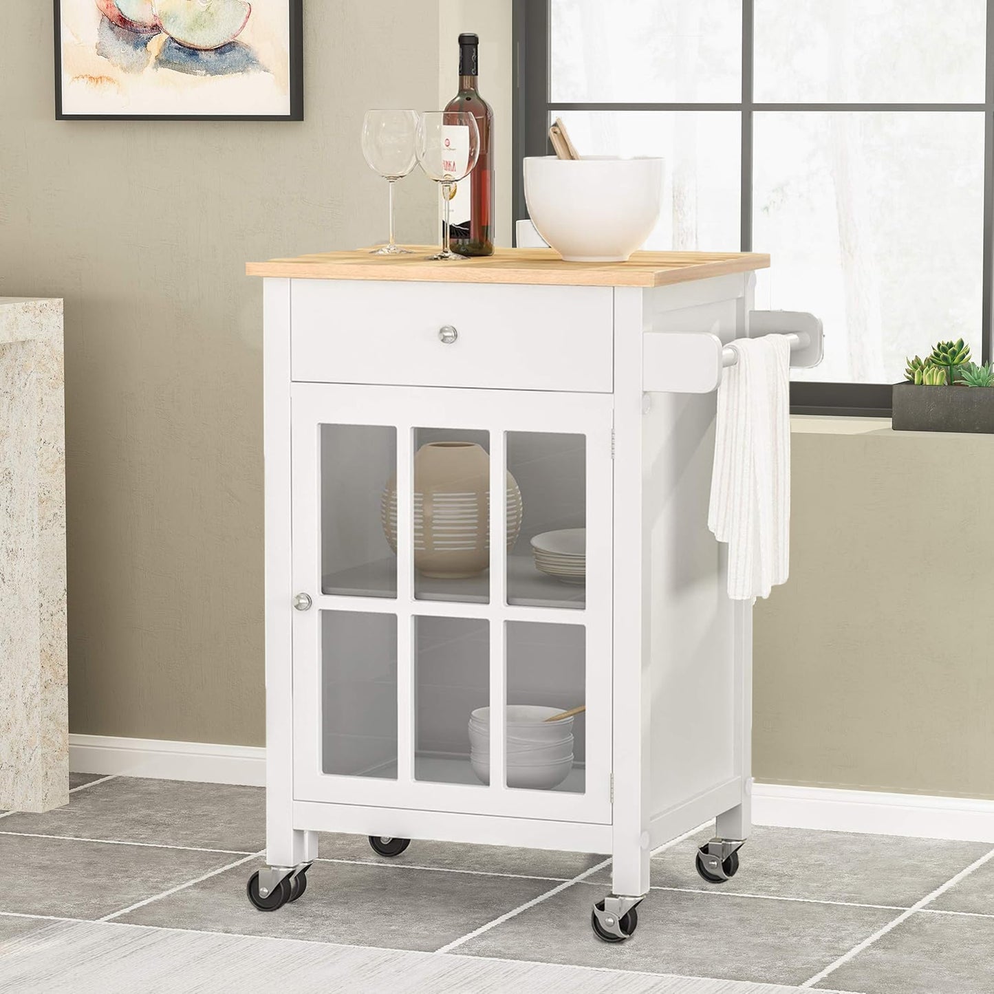 BNIB- Kitchen Island Cart with Drawer and Glass Door Cabinet, Kitchen Trolley with Adjustable Shelf