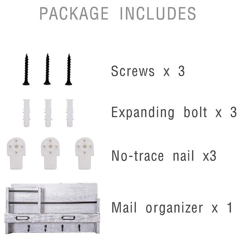 BNIB-Wall Mounted Mail Holder with 4 Key Hooks for Coat, Key Entryway Organizer(Gray)