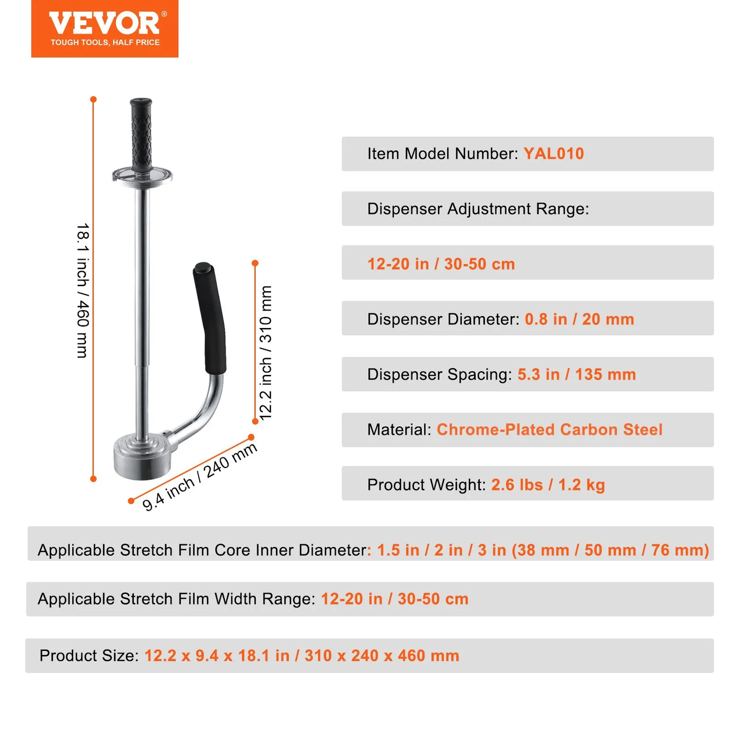 VEVOR Stretch Film Dispenser, Holds 12"-20" Rolls, Industrial Strength Shrink Wrap Dispenser Holder (1 Pack),-$30