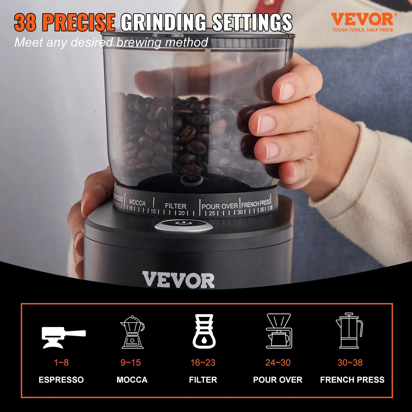 VEVOR Conical Burr Grinder, Electric Adjustable Burr Mill with 35 Precise Grind Setting, 5.3-Ounce 20 Cups,-$40