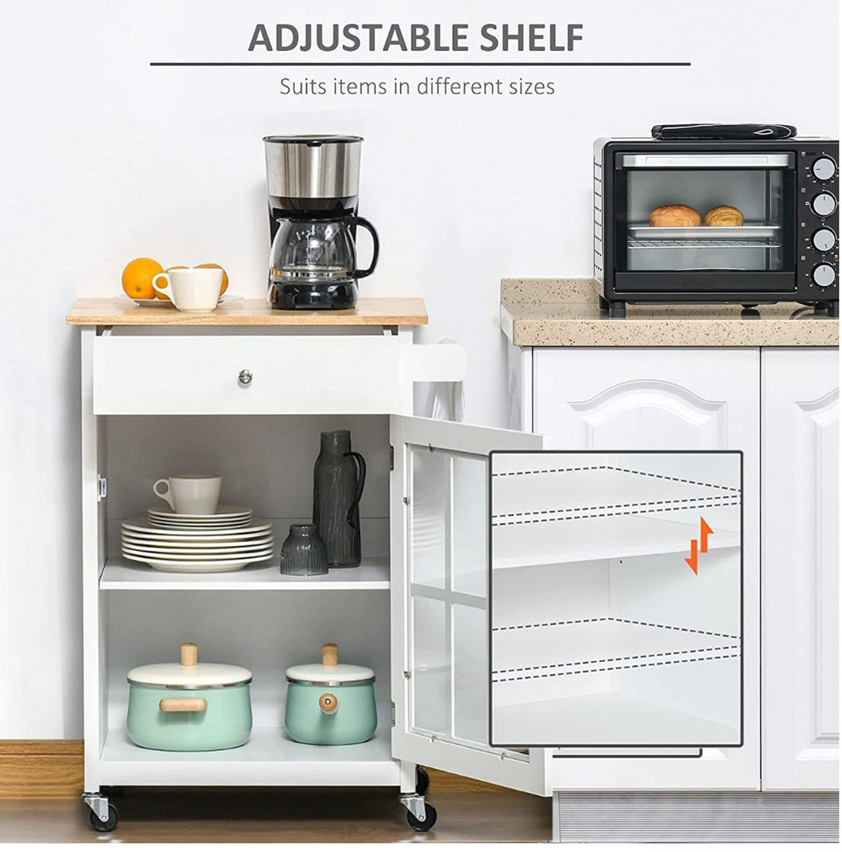 BNIB- Kitchen Island Cart with Drawer and Glass Door Cabinet, Kitchen Trolley with Adjustable Shelf