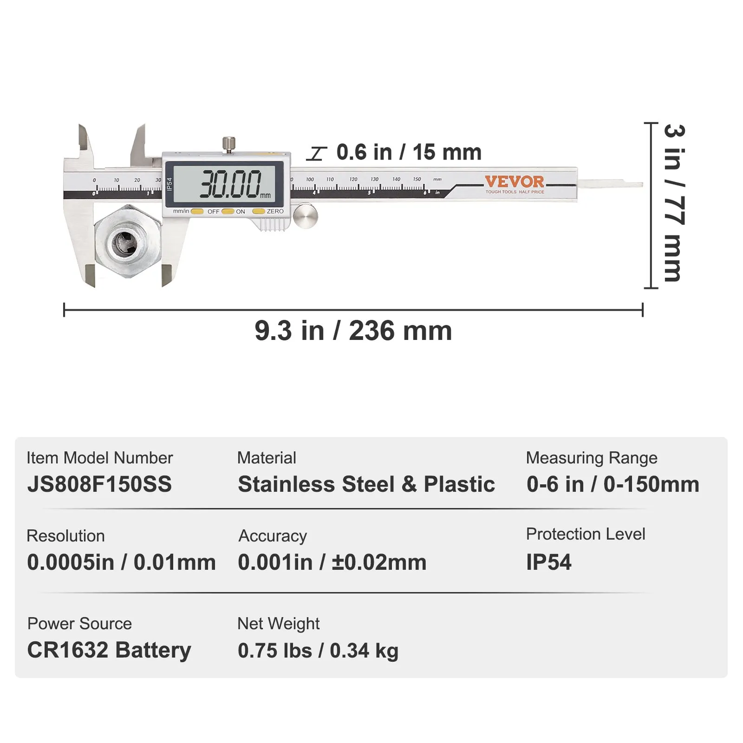 VEVOR Digital Caliper, 0-6" Calipers Measuring Tool, Electronic Micrometer Caliper