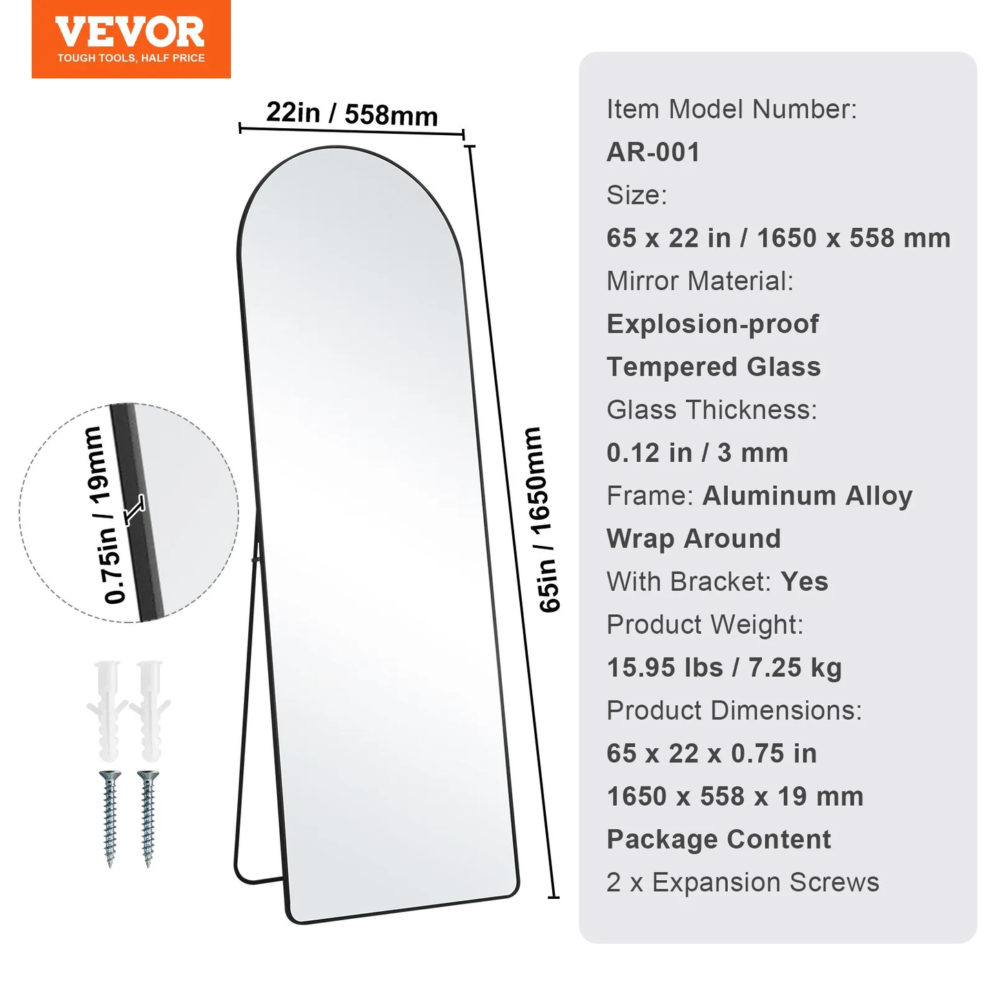 VEVOR Arched Full Length Mirror,65'' x 22''Large Free Standing/Leaning/Hanging Wall Mounted Floor Mirror