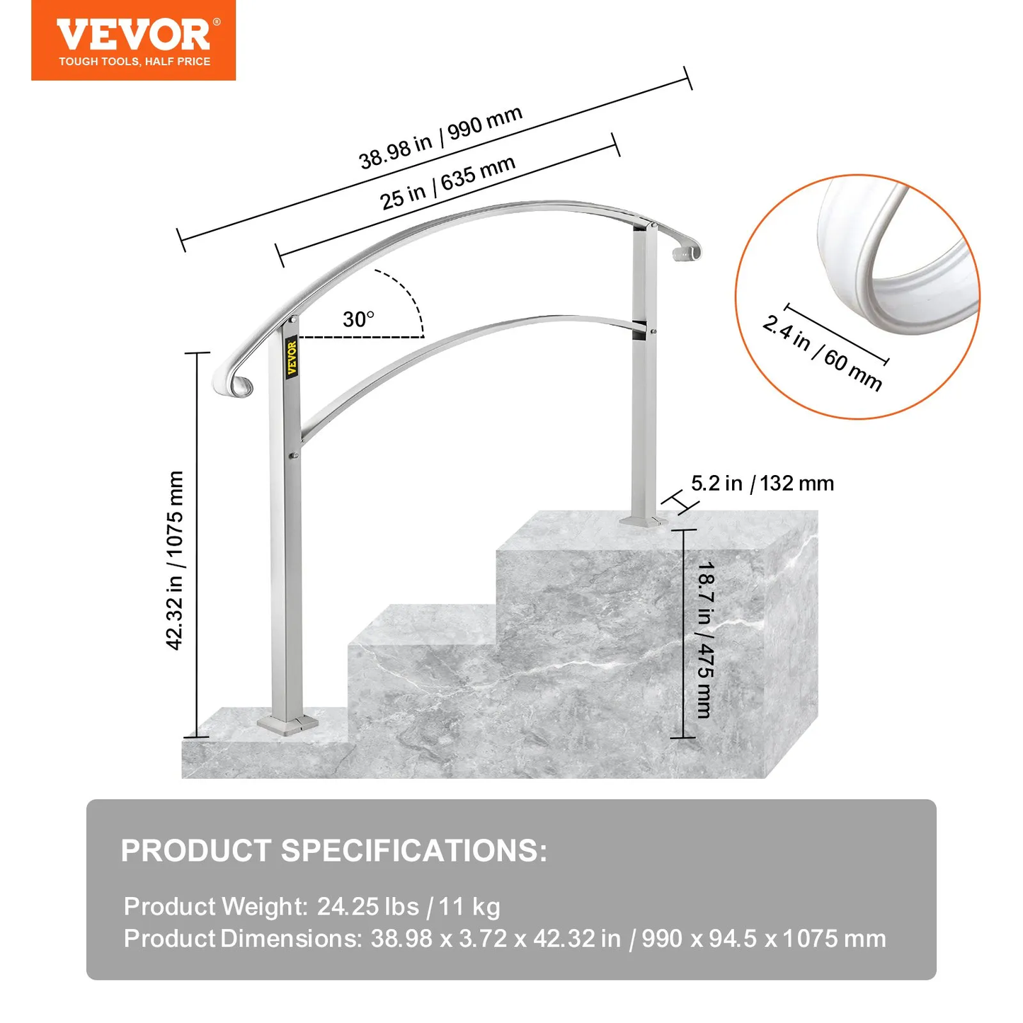 VEVOR Handrails for Outdoor Steps, Fit 1 or 3 Steps Outdoor Stair Railing, White Wrought Iron Handrail,-$60