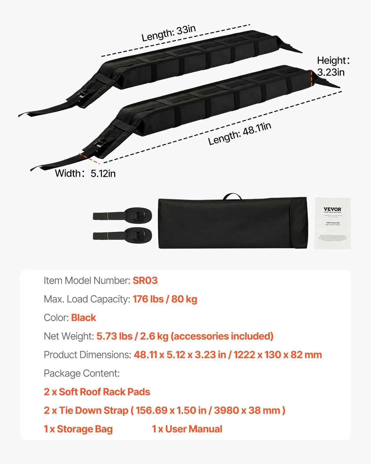 VEVOR Soft Roof Rack Pads, 33-Inch Universal Car Roof Rack Pad, 176LBS Load Capacity Luggage Kayak Carrier,-$50