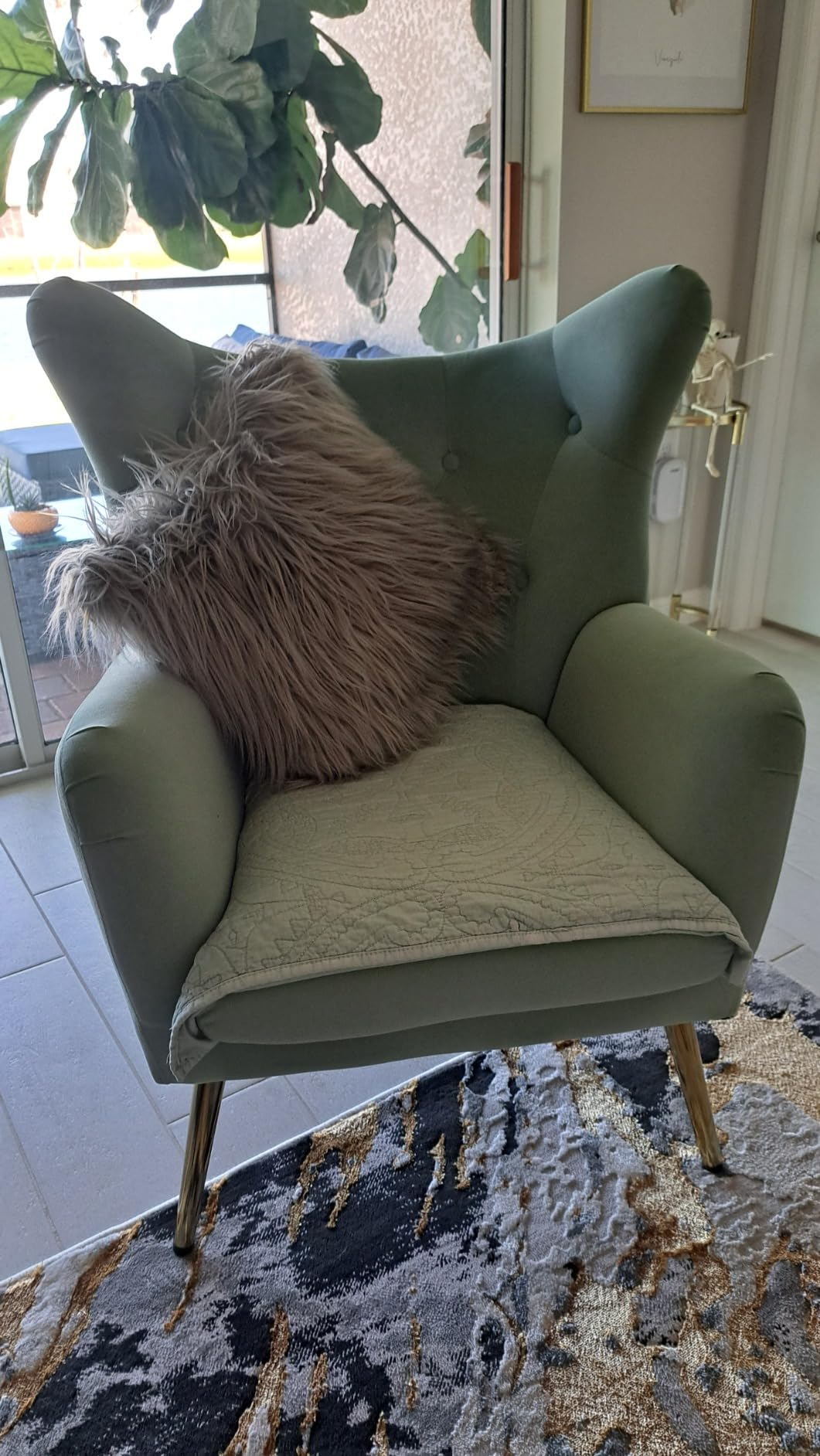 BNIB-HULALA Home Velvet Accent Chair, Modern Wingback Arm Chair with Metal Gold Legs, Velvet Tufted Upholstered