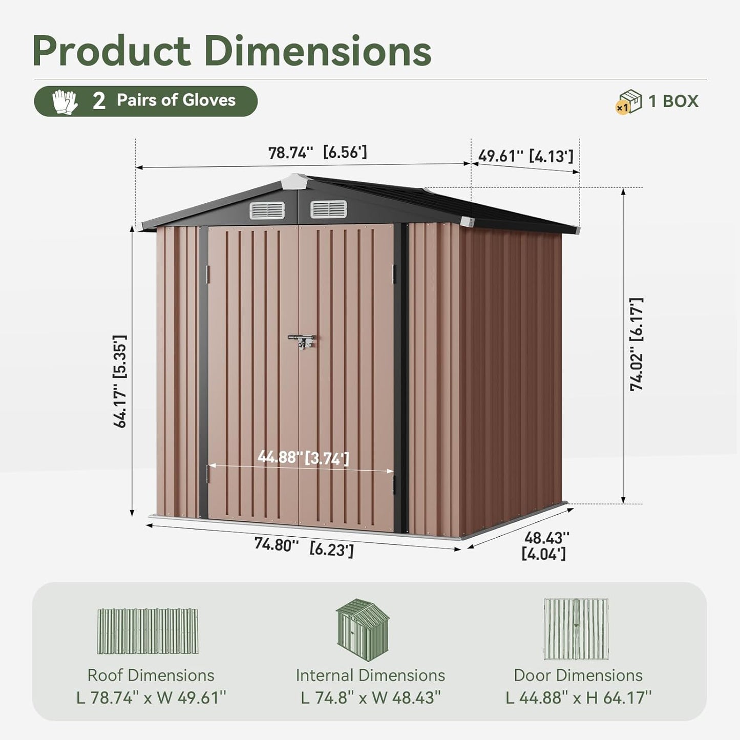 BNIB-6.2 x 4 ft Outdoor Storage Shed, Metal Garden Tool Shed with Lockable Door (Brown)