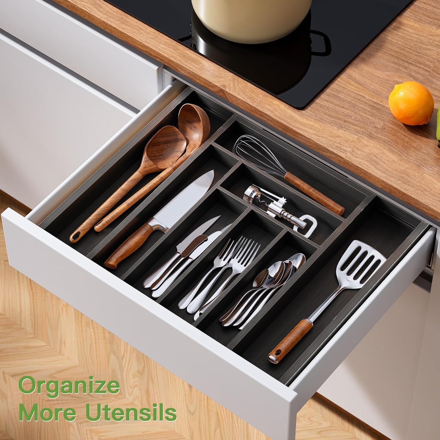 BNIB-Bamboo Expandable Drawer Organizer for Utensils Holder, Adjustable Cutlery Tray, (Black)-$20