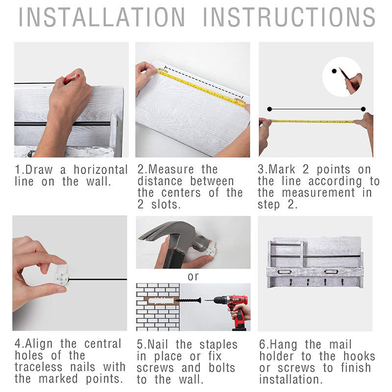 BNIB-Wall Mounted Mail Holder with 4 Key Hooks for Coat, Key Entryway Organizer(Gray)