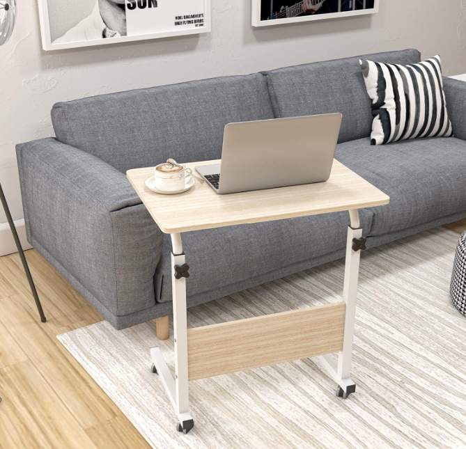 BNIB-Movable Side Table/Laptop Desk for Bed/Sofa, w/Adjustable Height & Lockable Wheels-White Maple