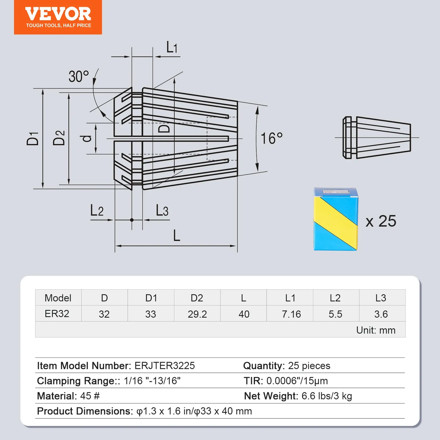 VEVOR 25 pcs ER32 Collet Set, 1/16''-13/16'', ER32 Spring Collet Chuck Set, 0.0006"/15μm TIR Lathe Chuck