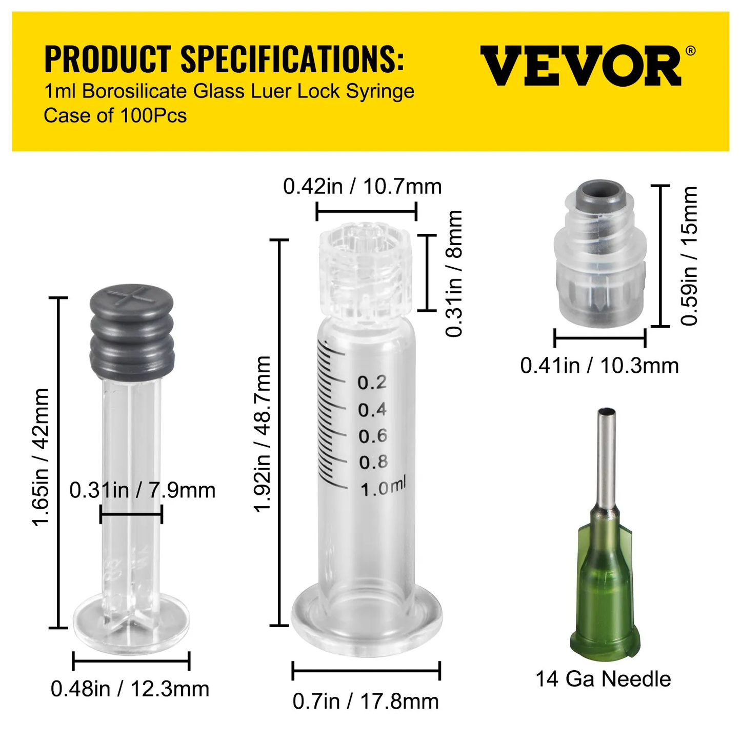 VEVOR 100 PCS Borosilicate Glass Luer Lock Syringe, 1mL, Reusable Glass Syringes,-$50