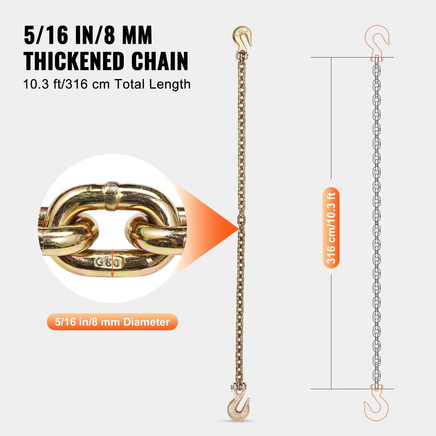 VEVOR G80 Transport Binder Chain, 5/16" x 10.3' 2-Pack Tow Chain with Clevis Grab Hooks,-$40