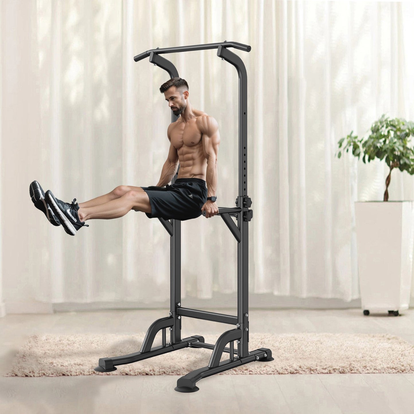 VEVOR Power Tower Dip Station, 10-Level Height Adjustable Pull Up Bar Stand, Multi-Function Strength Training,