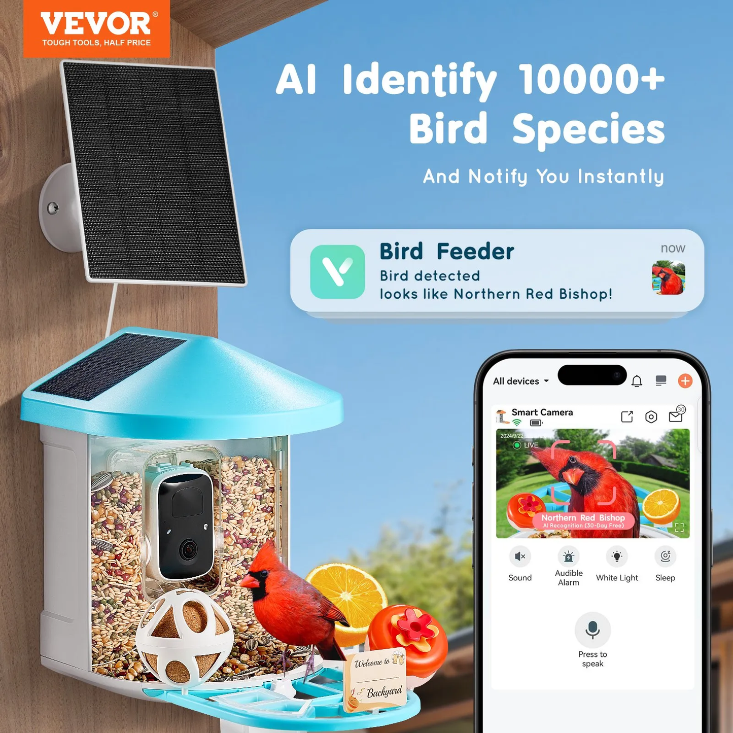 VEVOR Smart Bird Feeder with Camera AI Identify 10000+ Bird Specie Solar-Powered,-$75