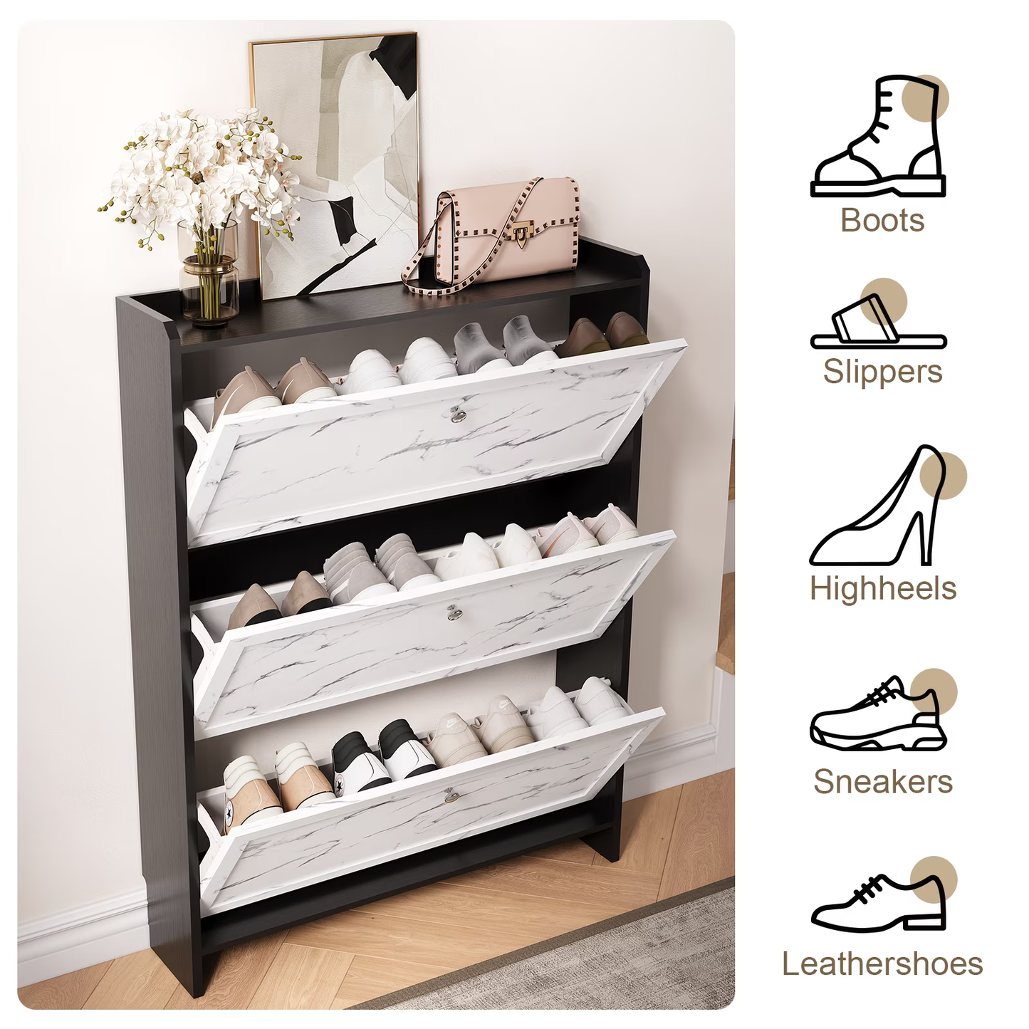BNIB-Marble Textured 3-Tier Shoe Cabinet, Modern Wooden Shoe Organizer for Entryway,Hallway, -$120