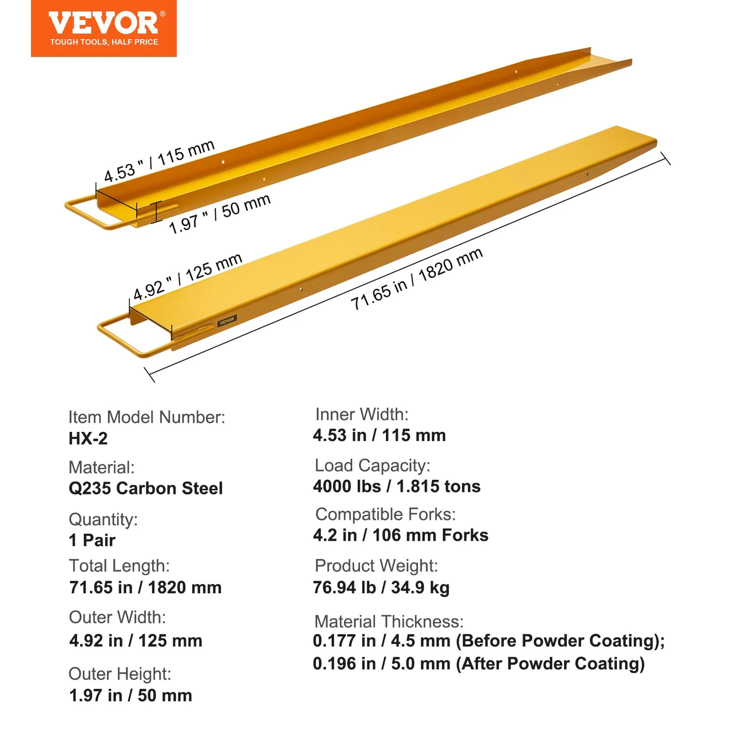 VEVOR Pallet Fork Extensions, 72" Length 4.5" Width, Heavy Duty Carbon Steel Fork Extensions,-$85