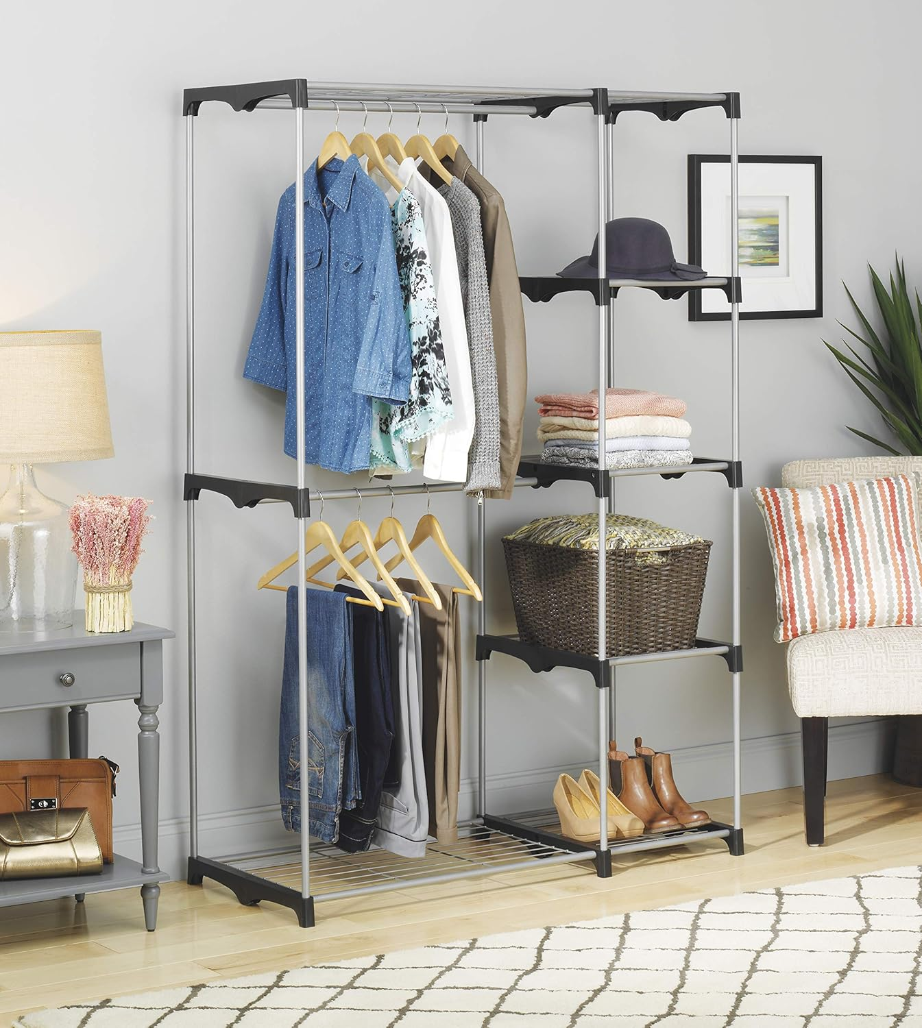 Brand New Amazon Basics Double Rod Closet,Freestanding Wardrobe, Coat Rack, Shoe Rack, Silver