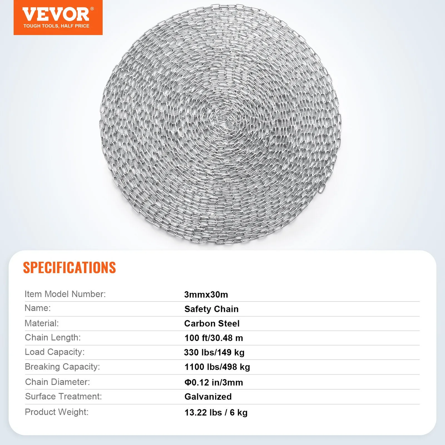 VEVOR Zinc Plated Proof Coil Chain Carbon Steel Chain Sling 1/8" x 100' 330 lbs,-$20
