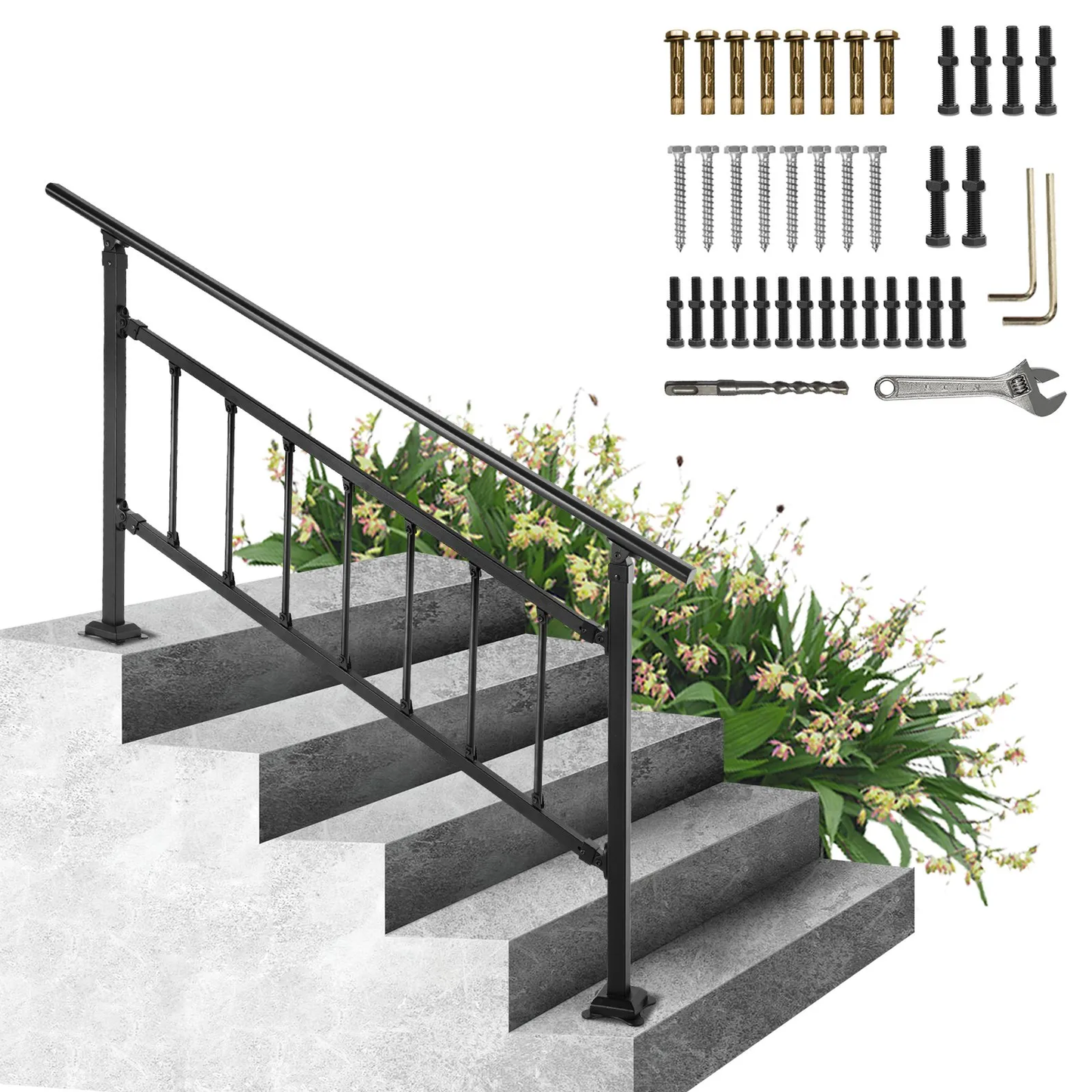 VEVOR Outdoor Stair Railing, Fits for 1-4 Steps Transitional Wrought Iron Handrail, Adjustable,-$80