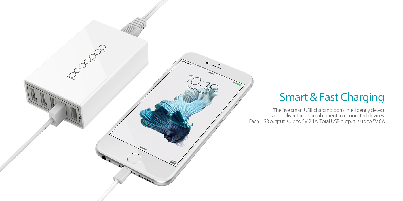 BNIB- 65W 5-Port USB Charging Station,Each USB output is up to 5V 2.4A. Total USB output is up to 5V 8A