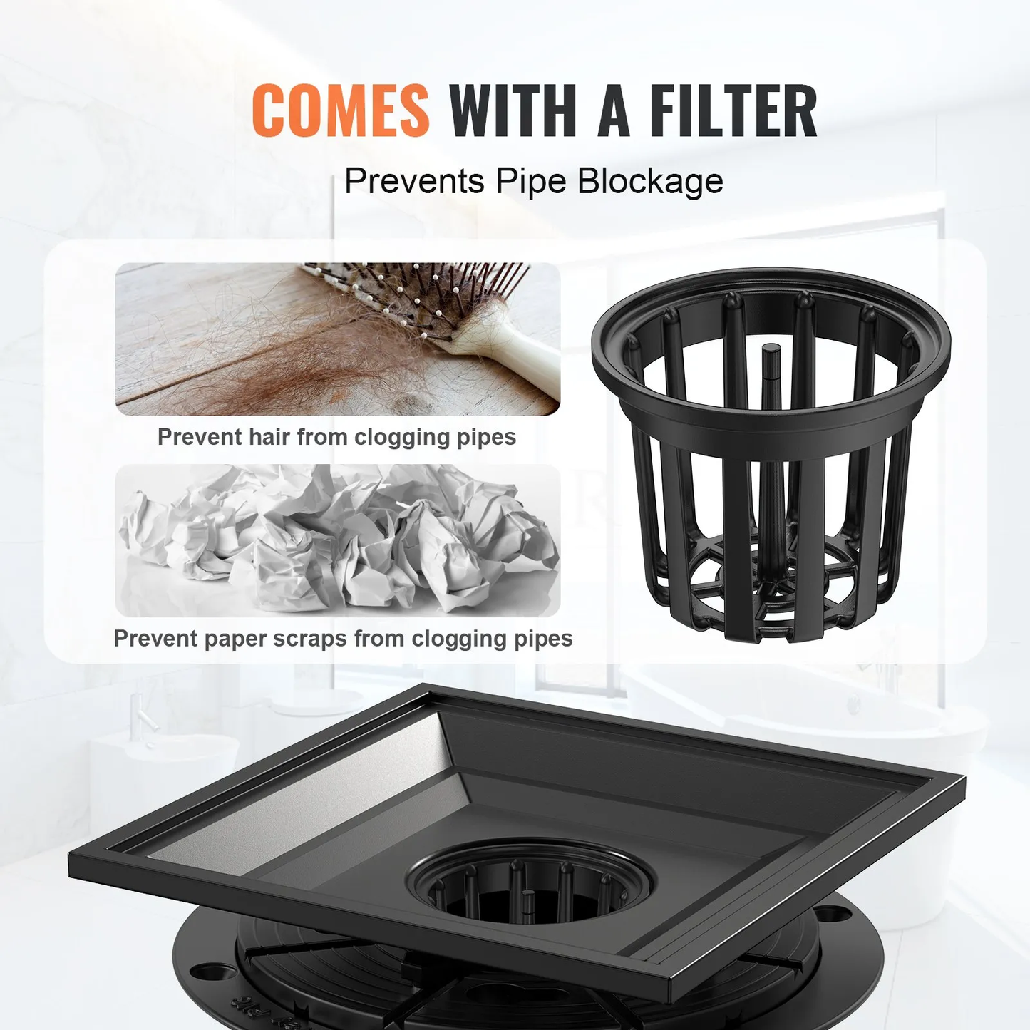 VEVOR 16 Inch Linear Shower Drain with Square Pattern Grate,Brushed 304 Stainless Steel Rectangle,-$20