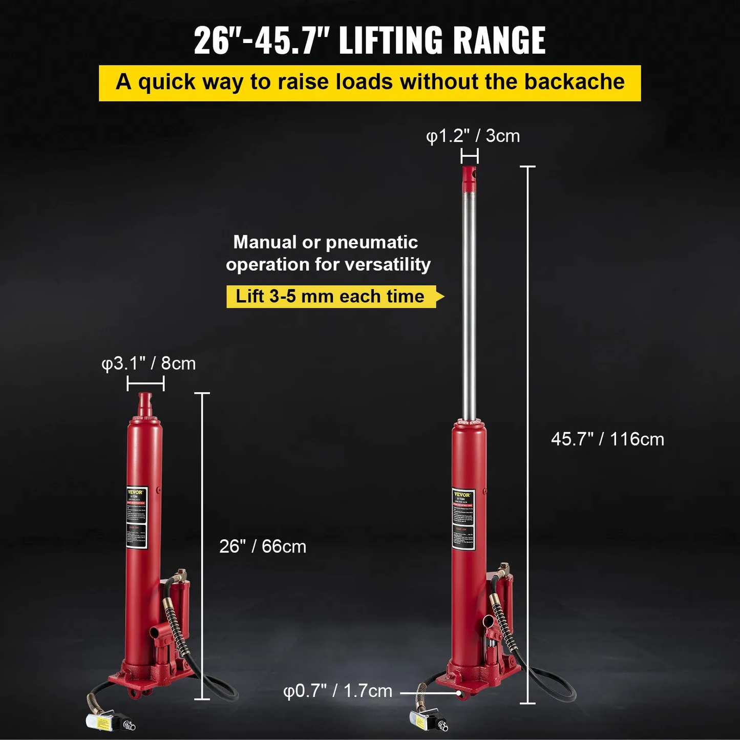 VEVOR Hydraulic/Pneumatic Long Ram Jack, 8 Tons/17363 lbs Capacity, with Single Piston Pump,Red,-$90