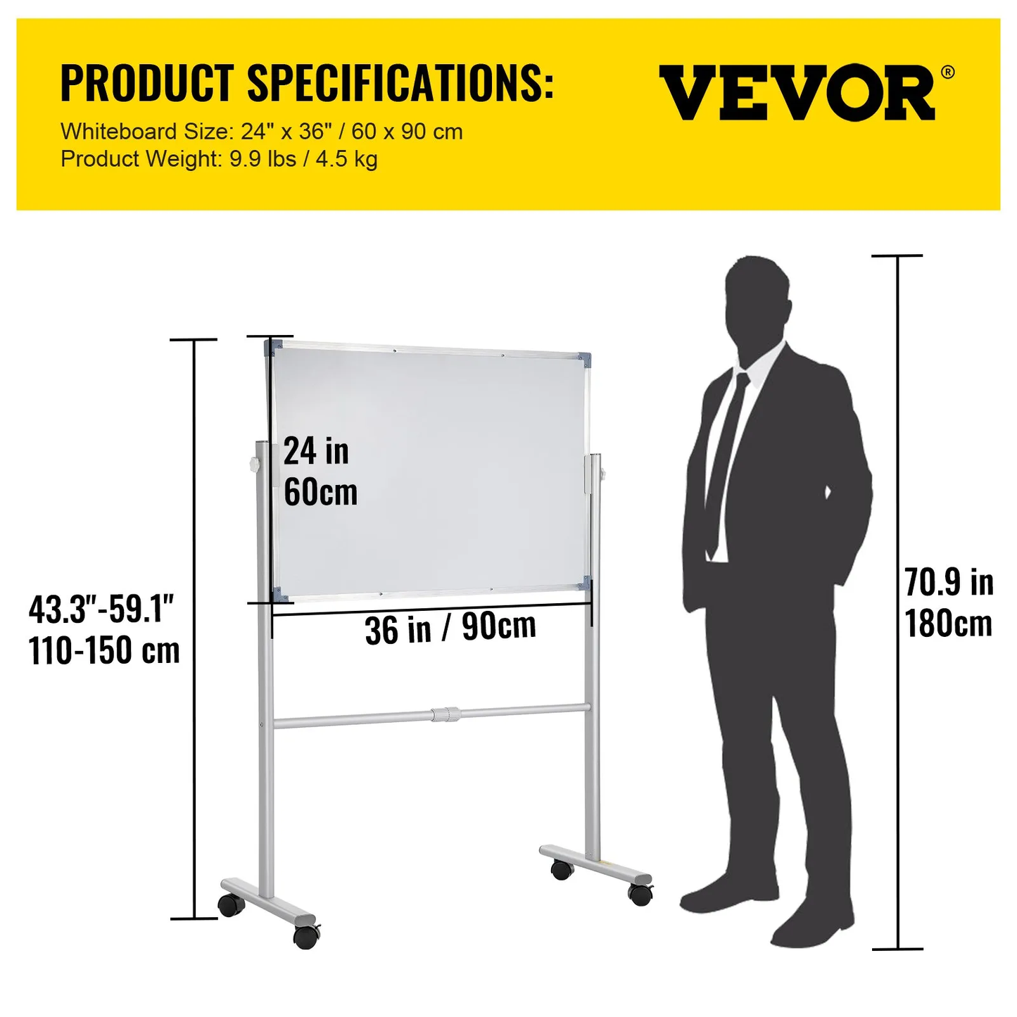 VEVOR Mobile Magnetic Whiteboard, 36 x 24 Inch, Double Sided, 360 Degree Reversible Rolling Dry,-$75