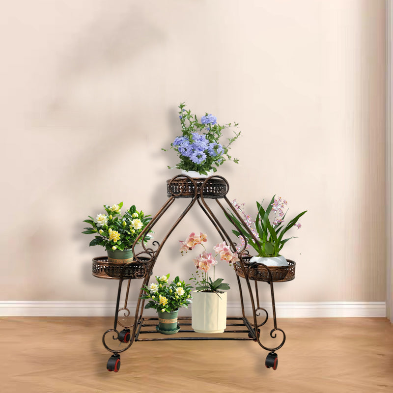 Brand New Red Copper Flower Stand w/Rolling Casters, Multi-Tiered Round Planter Rack, Indoor & Patio Display